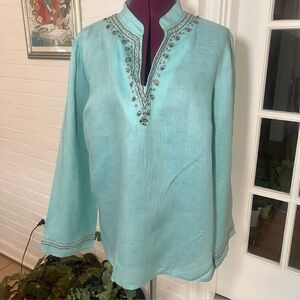 Rafaella Light Blue Linen Top with Embroidery Beading Details Size 14